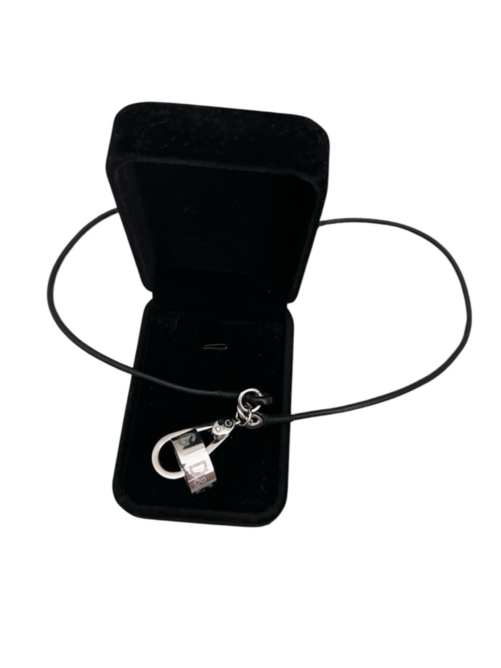 Dolce & Gabbana (D&G) black leather cord necklace with silver-tone D&G logo ring